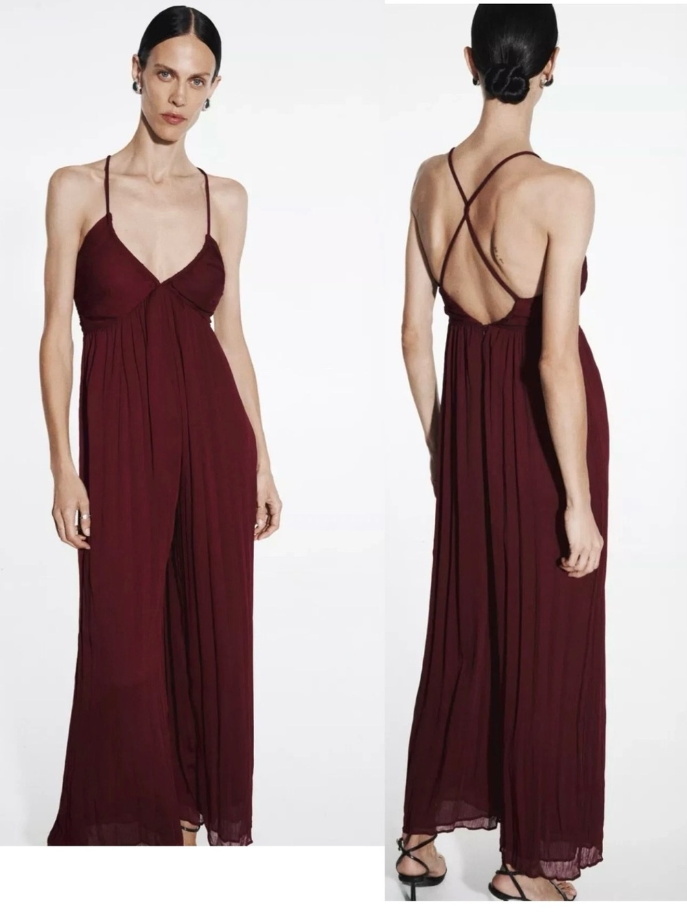 Zara Burgundy Red Wide Leg Jumpsuit Deep V Neck Open Back Evening Party Sz L